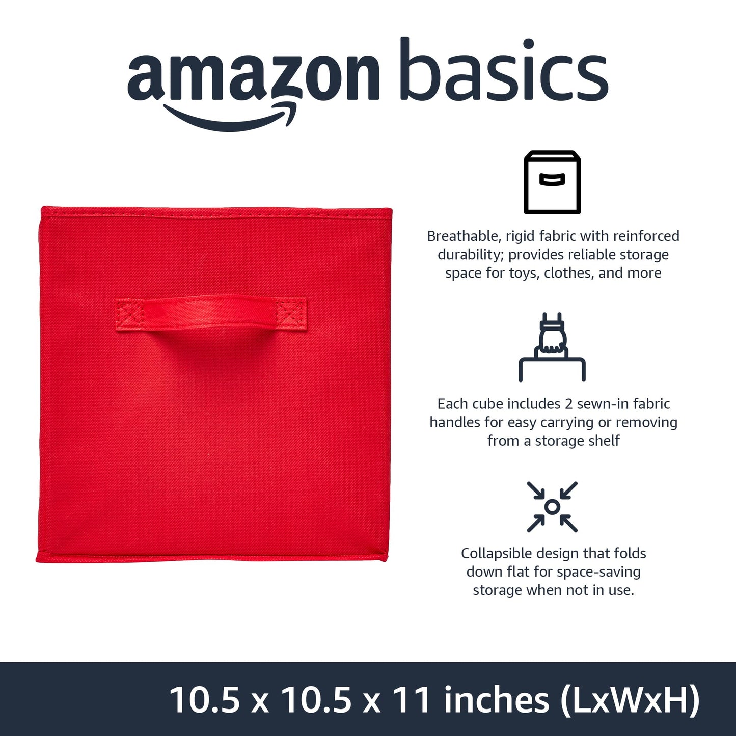 Amazon Basics Collapsible Fabric Storage Bins with Handles, Cube Organizer, Home Organization, 10.5"x10.5"x11", Red, 6-Pack
