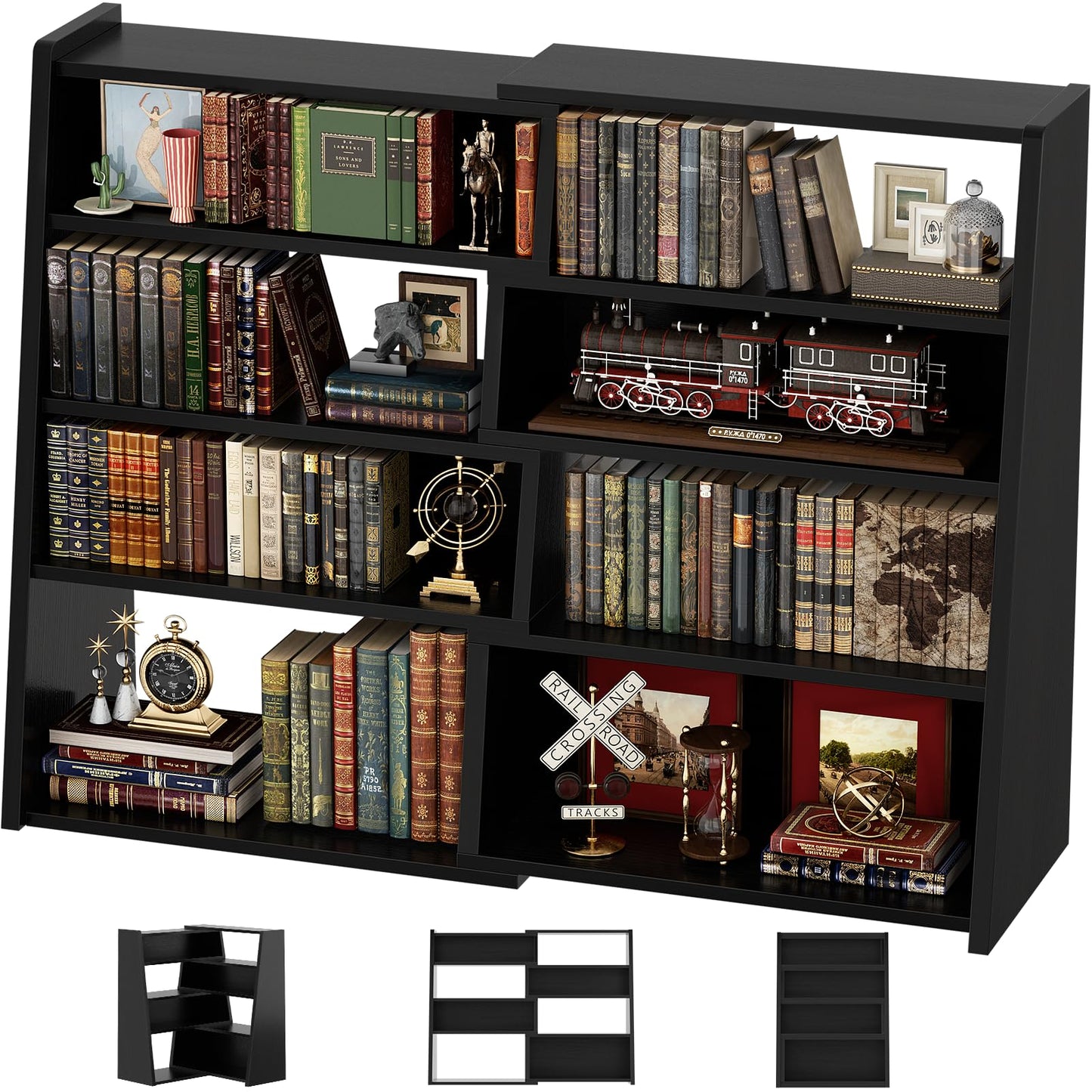 Armocity Expandable Bookshelf, Short Corner Bookshelf for Small Spaces, Small Ladder Book Shelf, Extendable Wood Narrow Bookcase for Living Room, Bedroom, 5 Tier, Black