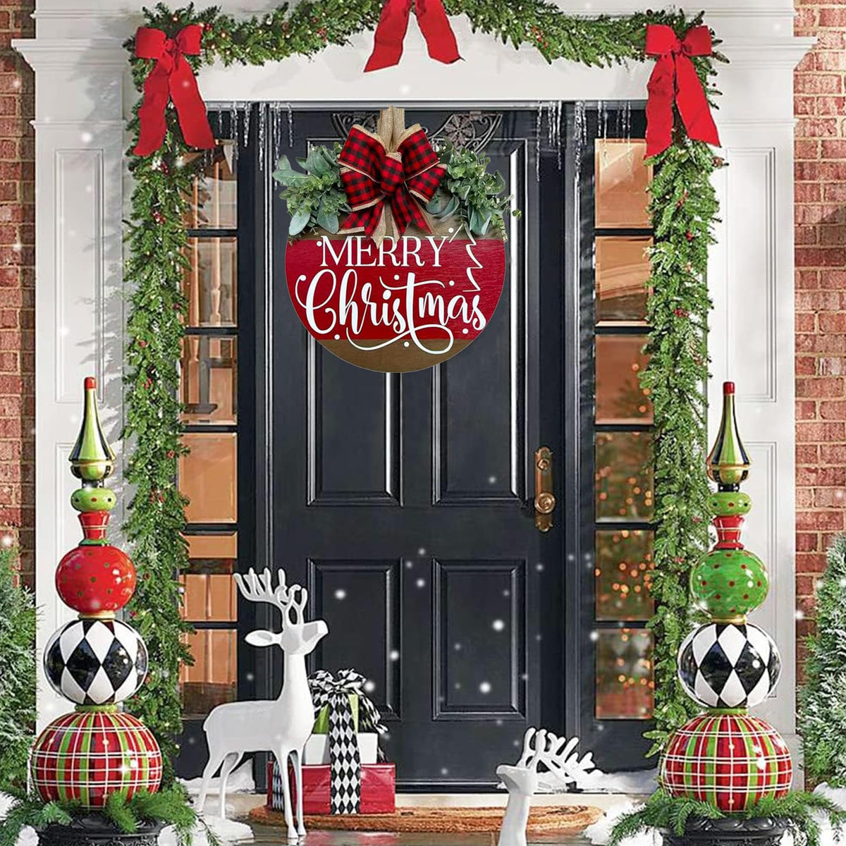 Merry Christmas Hanging Sign for Front Door, Wooden Welcome Wreath with Bow for Holiday Rustic Farmhouse Outdoor Wall Window Decor (Merry Christmas Wreath)