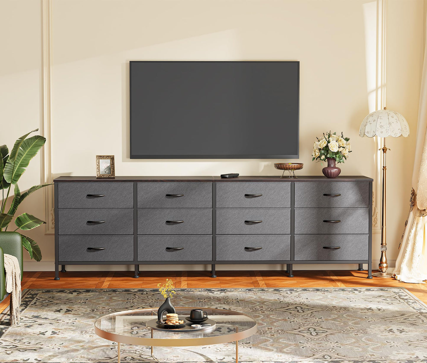 Huuger 70 Inch Dresser for Bedroom, TV Stand for 65, 75, 80 Inch TV, 12 Drawer Long Dresser, Large Storage Organizer Unit, Wide Chest of Drawer with Storage, Fabric Drawer for Living Room, Dark Grey