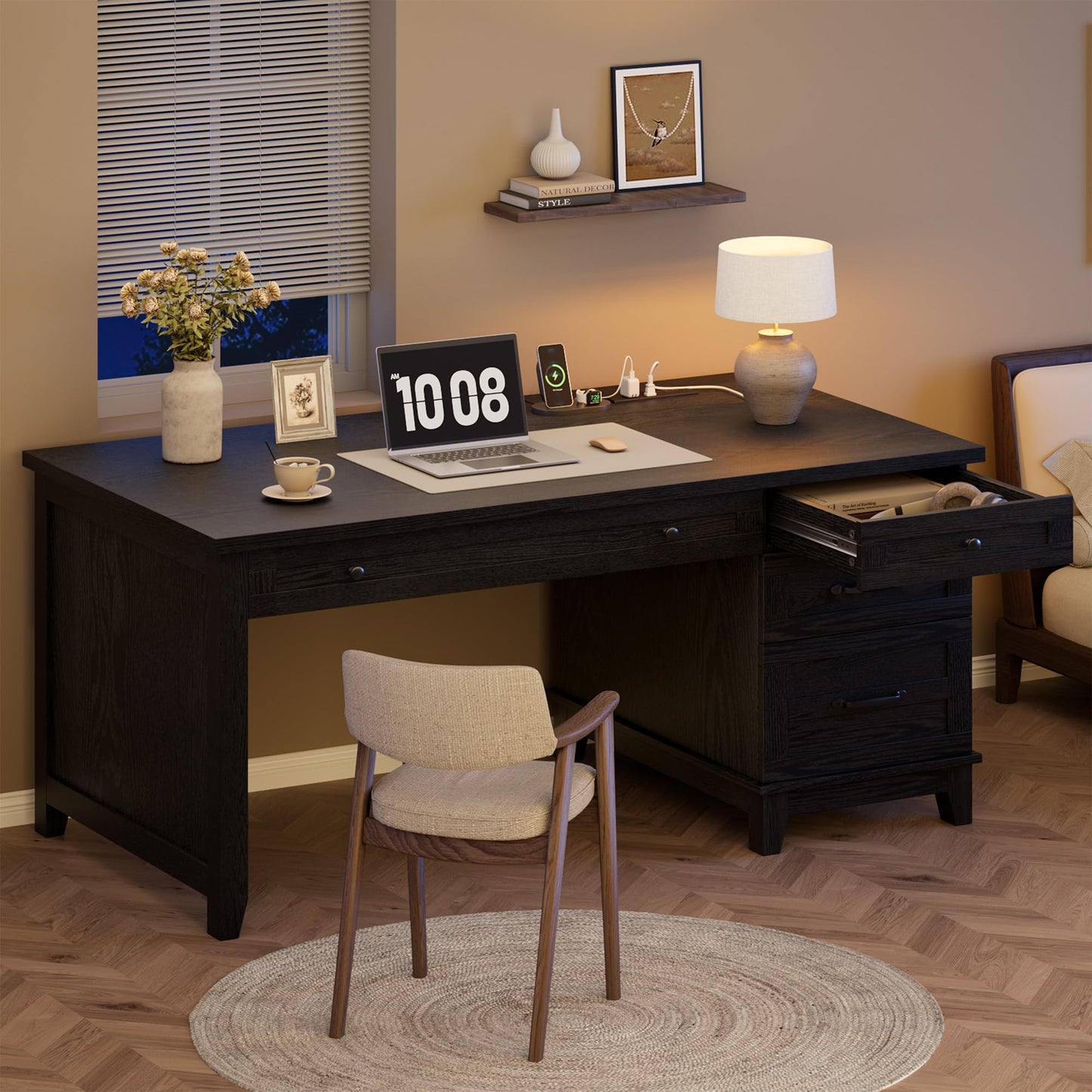 GAOMON 54.5in Wooden Executive Desk with Drawers, Office Desk Computer Table with Charging Station, Farmhouse Home Office Desk with File Cabinet Storage, for Study and Home Office, White Walunt