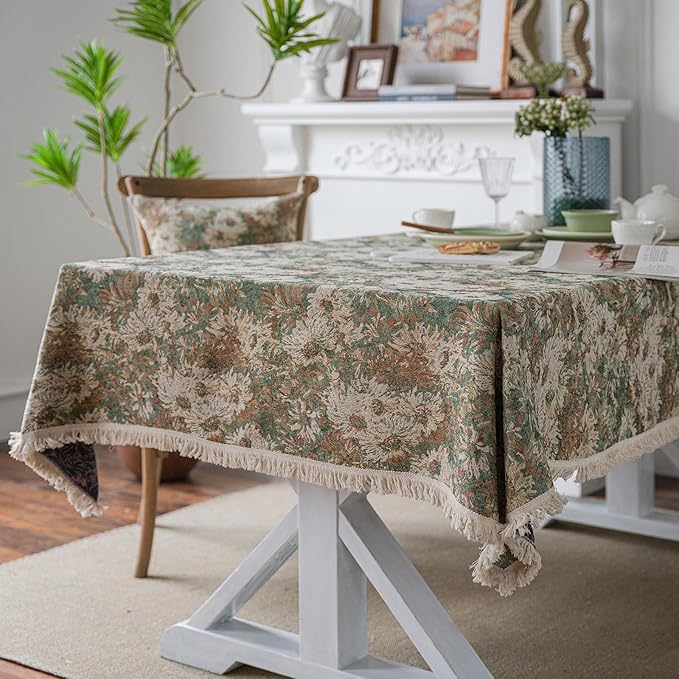 VClife Aesthetic Green and Beige Floral Table Cloth, Linen Texture Table Cloth