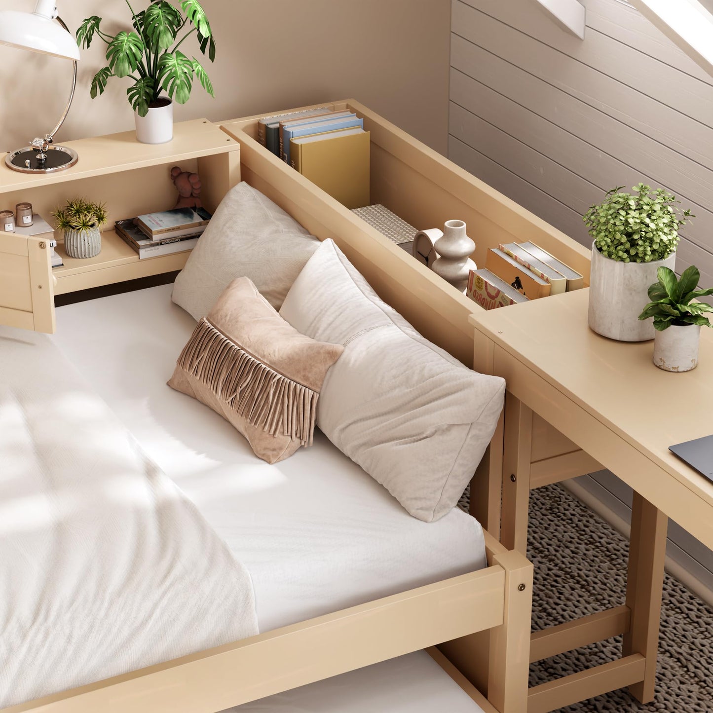 Daybed with Pull-out Desk and Trundle, Twin Size Wood Bed Frame with Multiple Storage Drawers, Open Shelves and Cabinets for Kids Adults Bedroom Furniture, Multifunctional L-Shaped Sofa Bed (Golden)