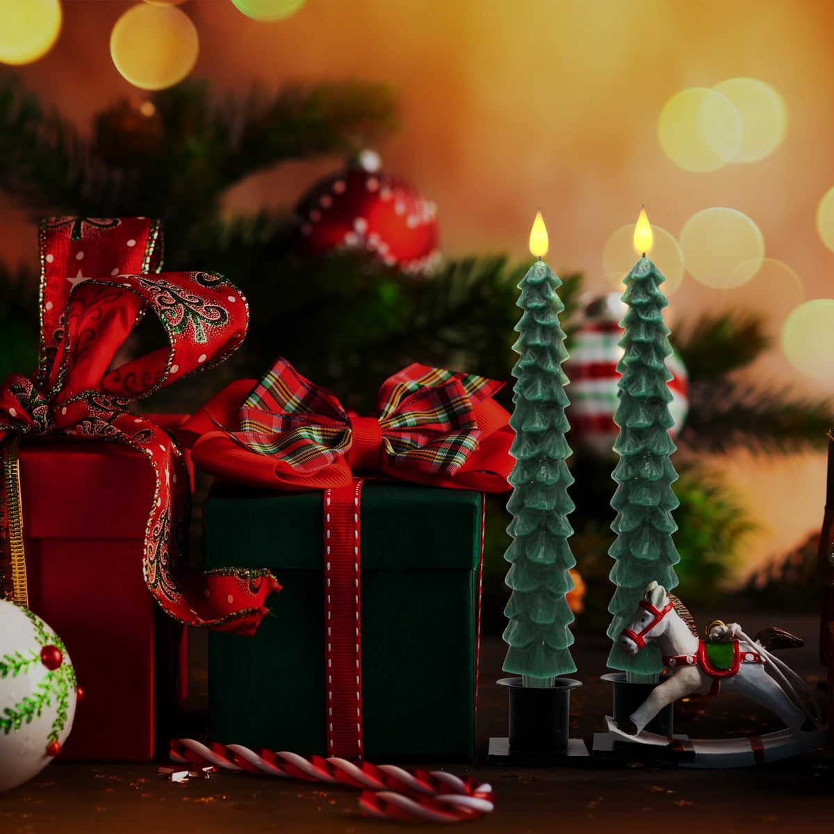 CVHOMEDECO. Christmas Tree Candles Battery Operated Taper Candle with Remote and Timer, Christmas LED Flameless Flickering Candles for Christmas Decor. 11.5 Inch, Pack of 2