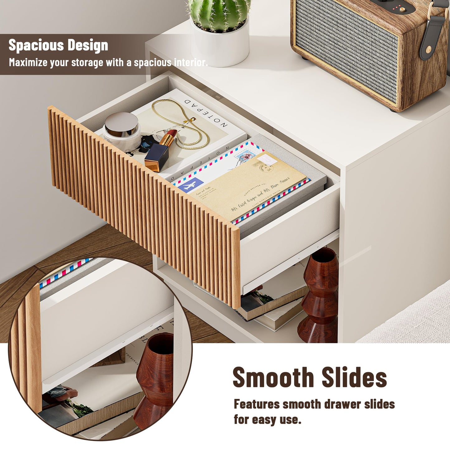 Fluted Nightstands Set of 2, Modern Bedside Table with Storage Drawer and Open Wood Shelf, Wood End Table Mid Century Night Stands for Bedroom Living Room Sofa Couch Office White & Oak