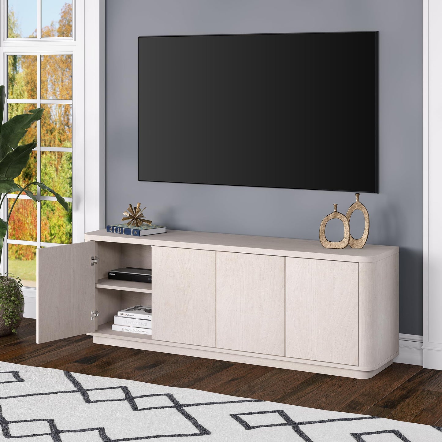 Henn&Hart TV Stand for TVs up to 75" with 2 Concealed Storage Cabinets, Adjustable Shelves and Plinth Base for Living Room, Family Room, or Office, Beech White