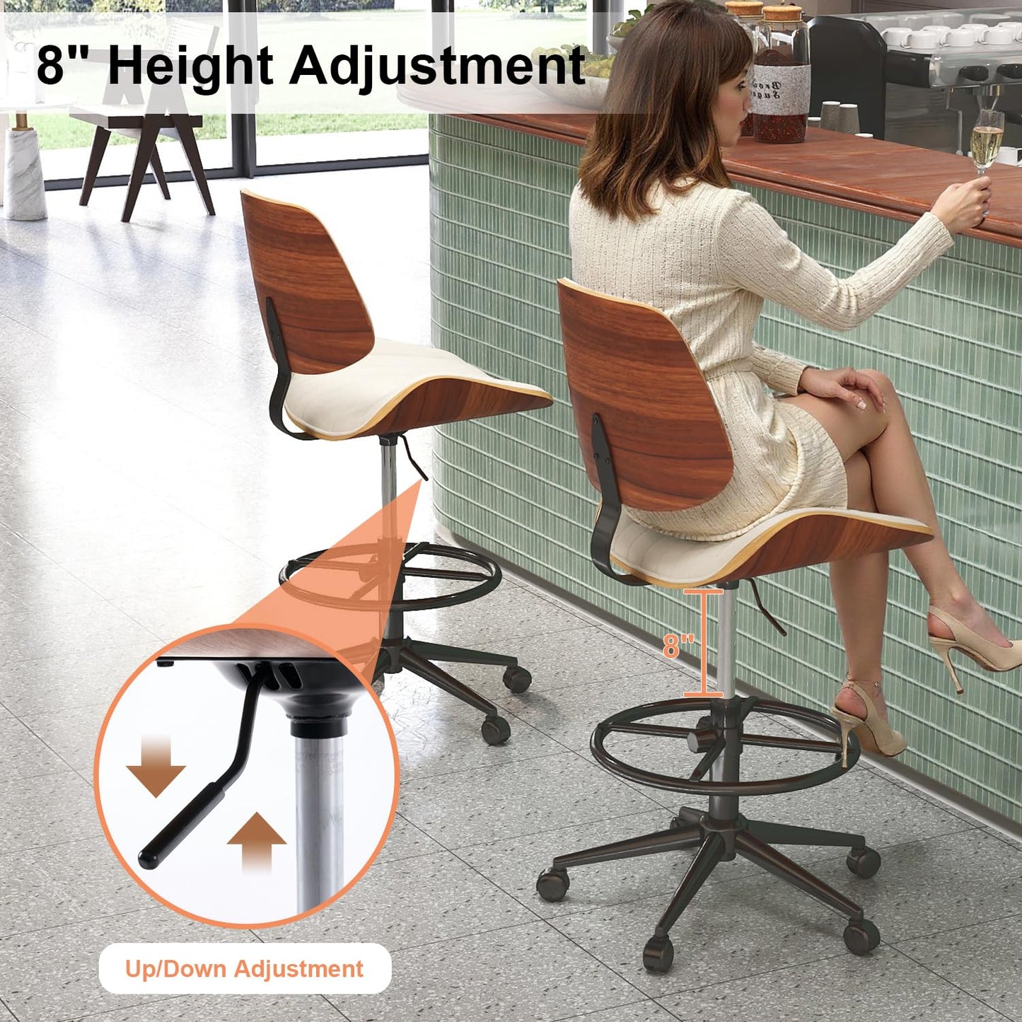 Rongbuk Drafting Chair, Ergonomic Office Chair with Walnut Wood Back Support, Armless PU Leather Desk Chair with Height-Adjustable, Thick Cushion for Home, Bar, Drafting, Office (Beige)