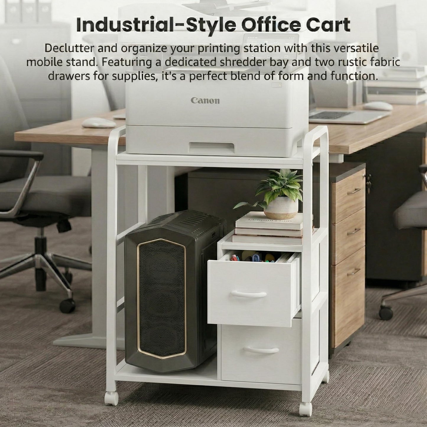 ZEXVIDA Printer Stand Featuring Fabric Drawers, Under Desk Host Computer Cabinet and Shredder Shelf, Heavy Duty Printer Stand with Storage Workstation Organization Printer Table for Home Office