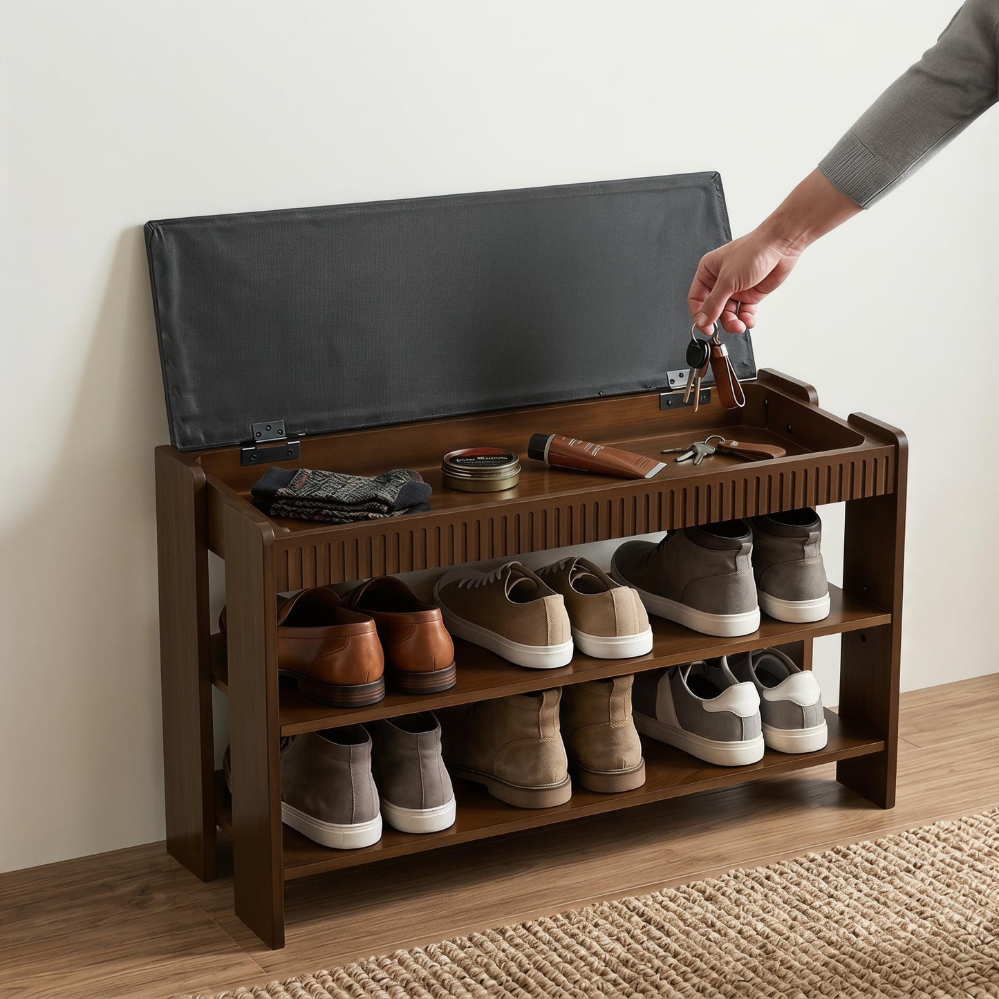 LUHIMI Shoe Bench with Cushion, Solid Wood 2 Tier Adjustable Storage Shoe Bench Rack for Entryway, Bedroom, Closet, Living Room, Hallway