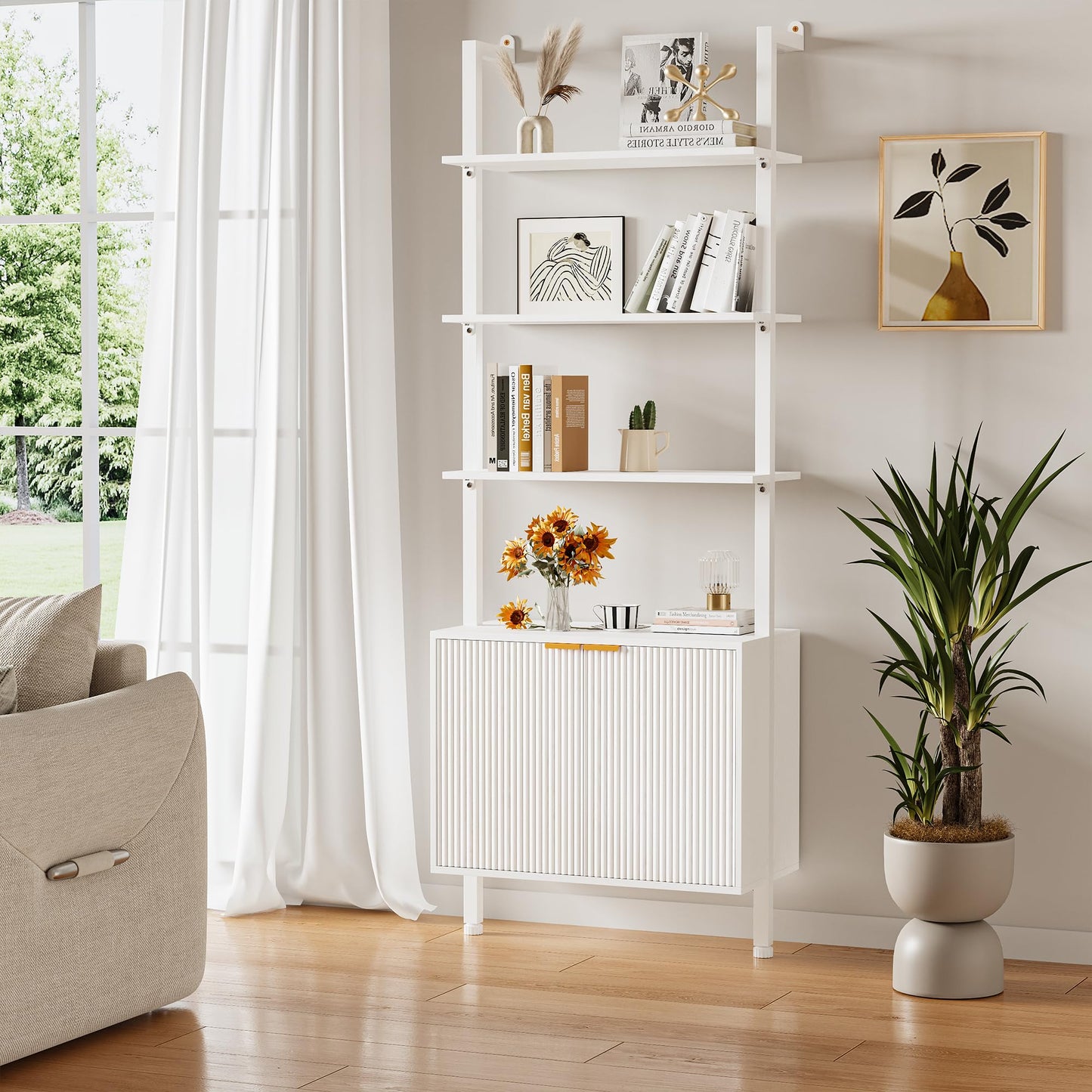 INNOD 74" Tall Bookshelf with Storage Cabinet, Modern Ladder Shelf with Wood and Metal Frame, Wall Mount Bookcase Open Display Shelf Furniture for Living Room, Bedroom, Home Office, White