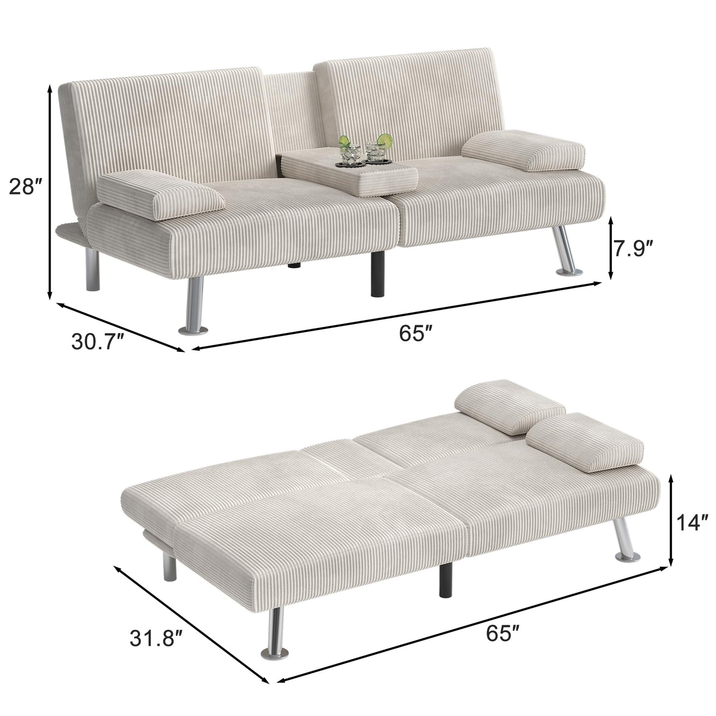 Shahoo Modern Upholstered Convertible Folding Futon Sofa Bed with Removable Armrests, Metal Legs, 2 Cup Holders for Living Room, Beige