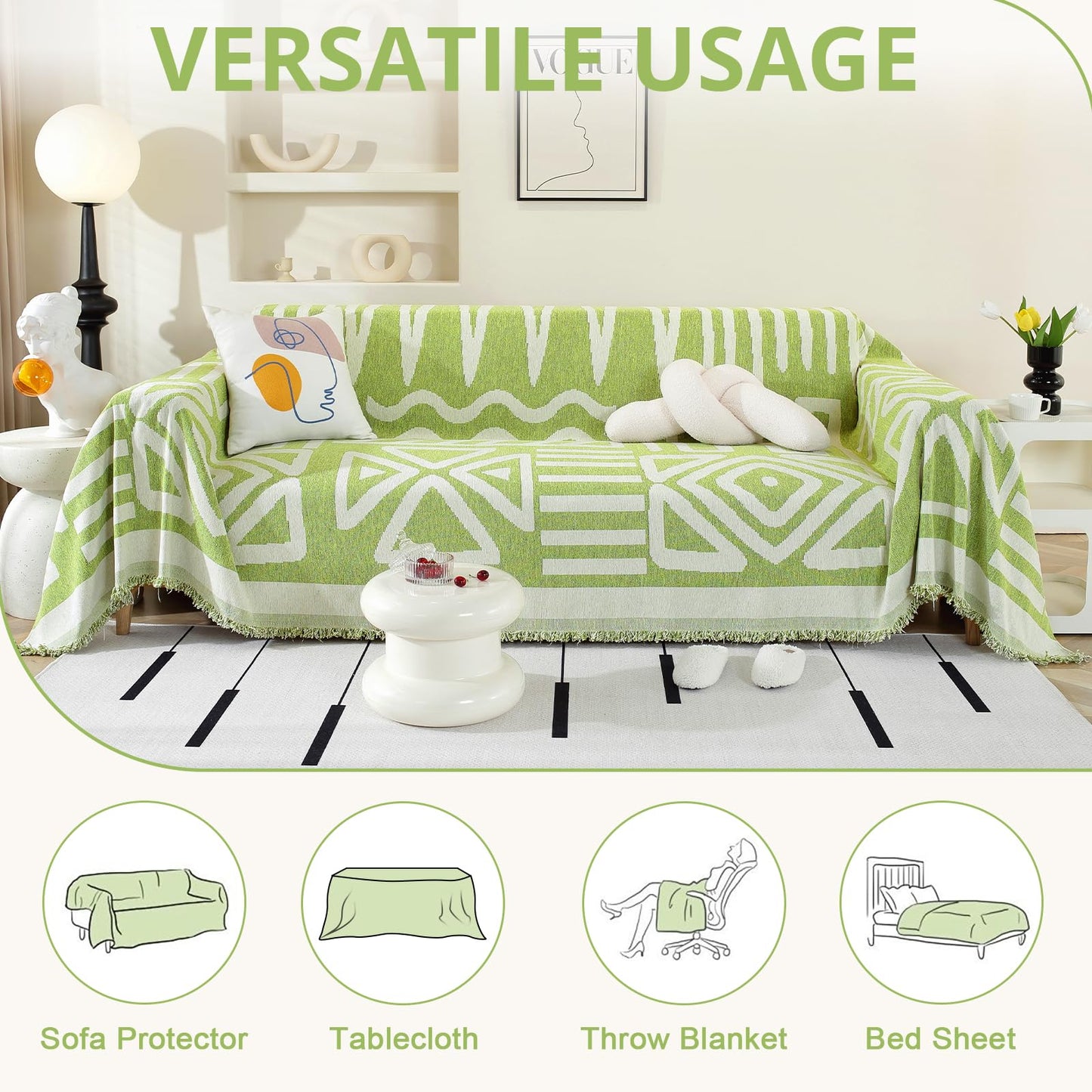 Royhom Sectional Couch Covers 2 Pieces, L Shaped Couch Cover Blanket, Boho Sofa Covers Washable, Sofa Slipcover with Tassel, Suitable for All Seasons (71"x110"+71"x118", Green)