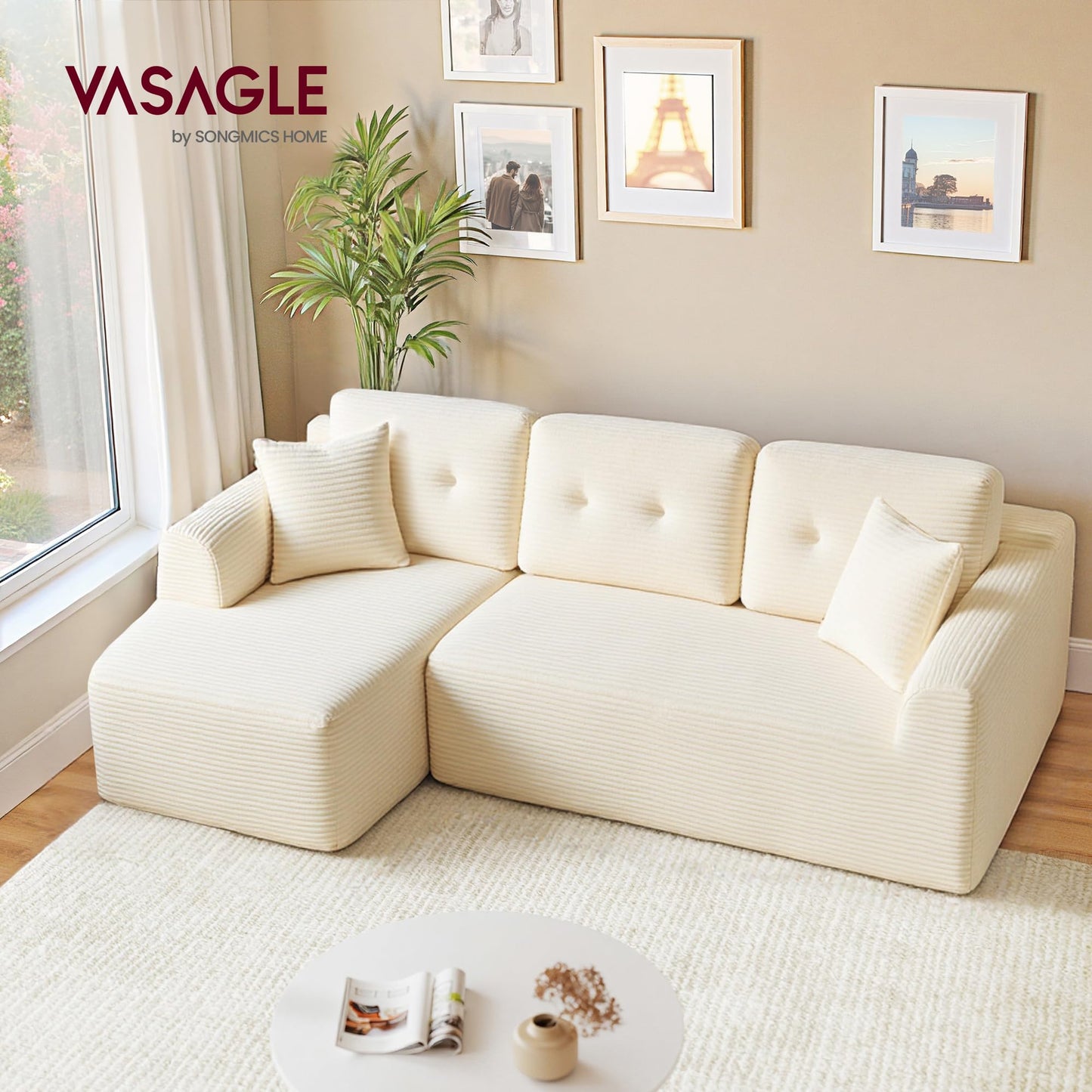 VASAGLE Boneless Couch, Modern Cloud Couch with Deep Seat, Corduroy Sofa for Living Room, Bedroom, Modular Sectional Sofa with Left-Facing Chaise, 108.3 Inches, Cloud White ULCS181WD01