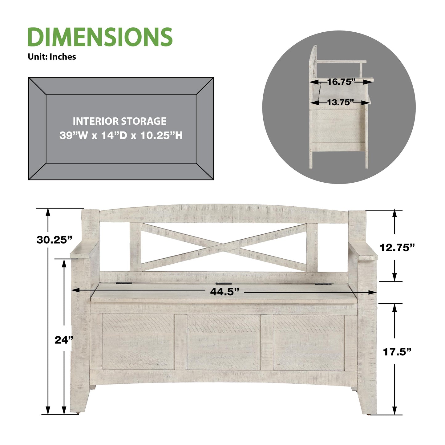OSP Home Furnishings Metro Entry Way Storage Bench with X-Back, Distressed White Finish