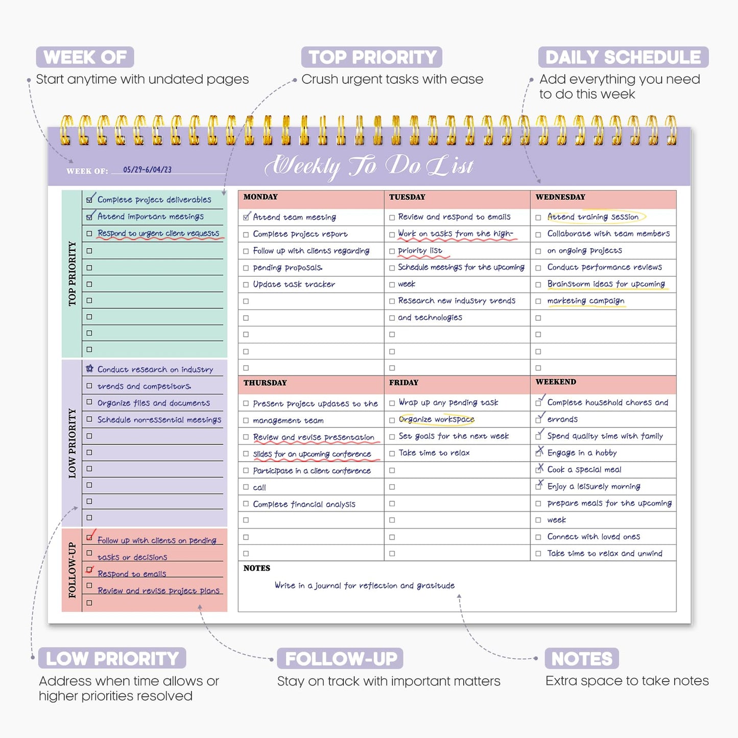 Taja Weekly To Do List Notepad with 52 Undated Sheets（8.5"×11"）- Weekly Desk Planner for Women & Man, Work and Home -1 Pack Violet Dream