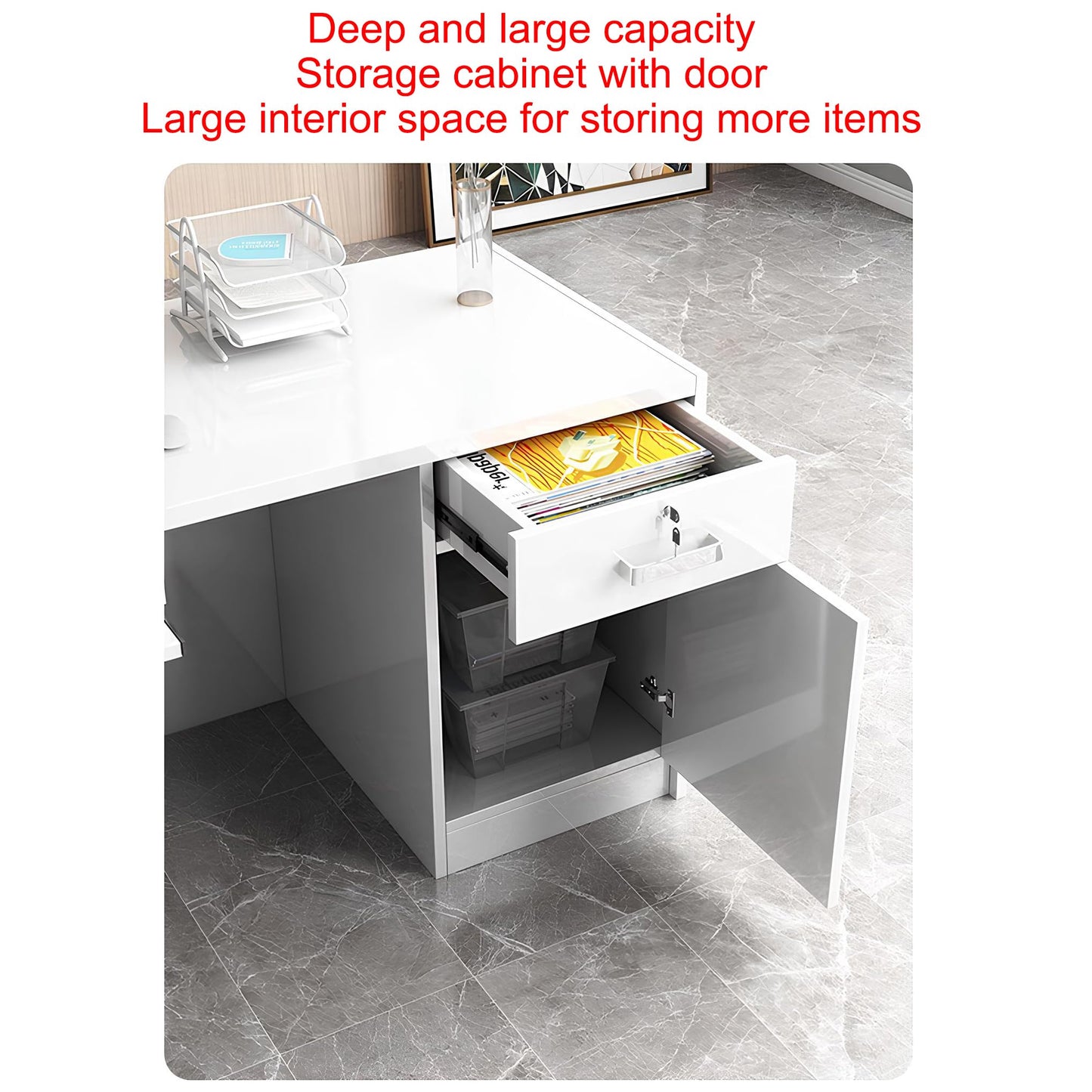 Modern Reception Desk with Counter, Lockable Drawer & Cabinet, LED Light Strip - Stylish Receptionist Station for Office, Salon, Boutique, Lobby & Shop