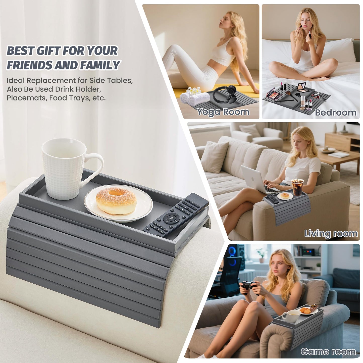 GEHE Bamboo Sofa Arm Tray, Foldable Couch Arm Tray Side Table, Anti-Falling Armrest Tables Cup Holder for Snacks, Drinks, Beers, Phone, Control, Flexible and Portable, Anti-Slip