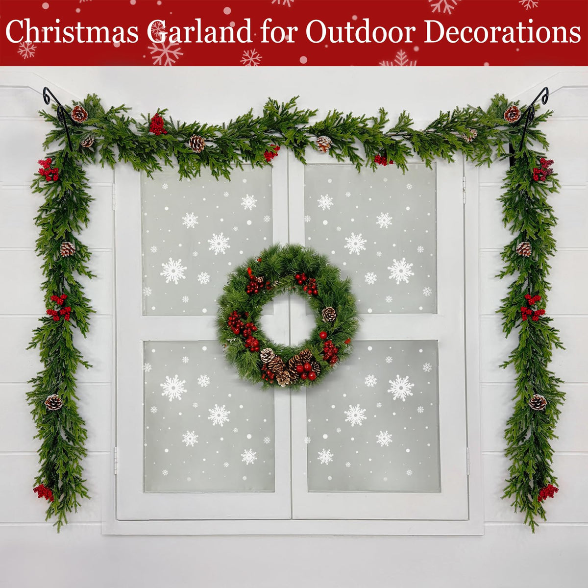 6FT Pre-lit Christmas Cedar Garland with 20 Warm White LEDs Timer Red Berries Pinecones and Soft Vine, Lighted Christmas Garland for Mantle, Table, Fireplace, Wall, Stairs, Indoor, Outdoor Xmas Decor