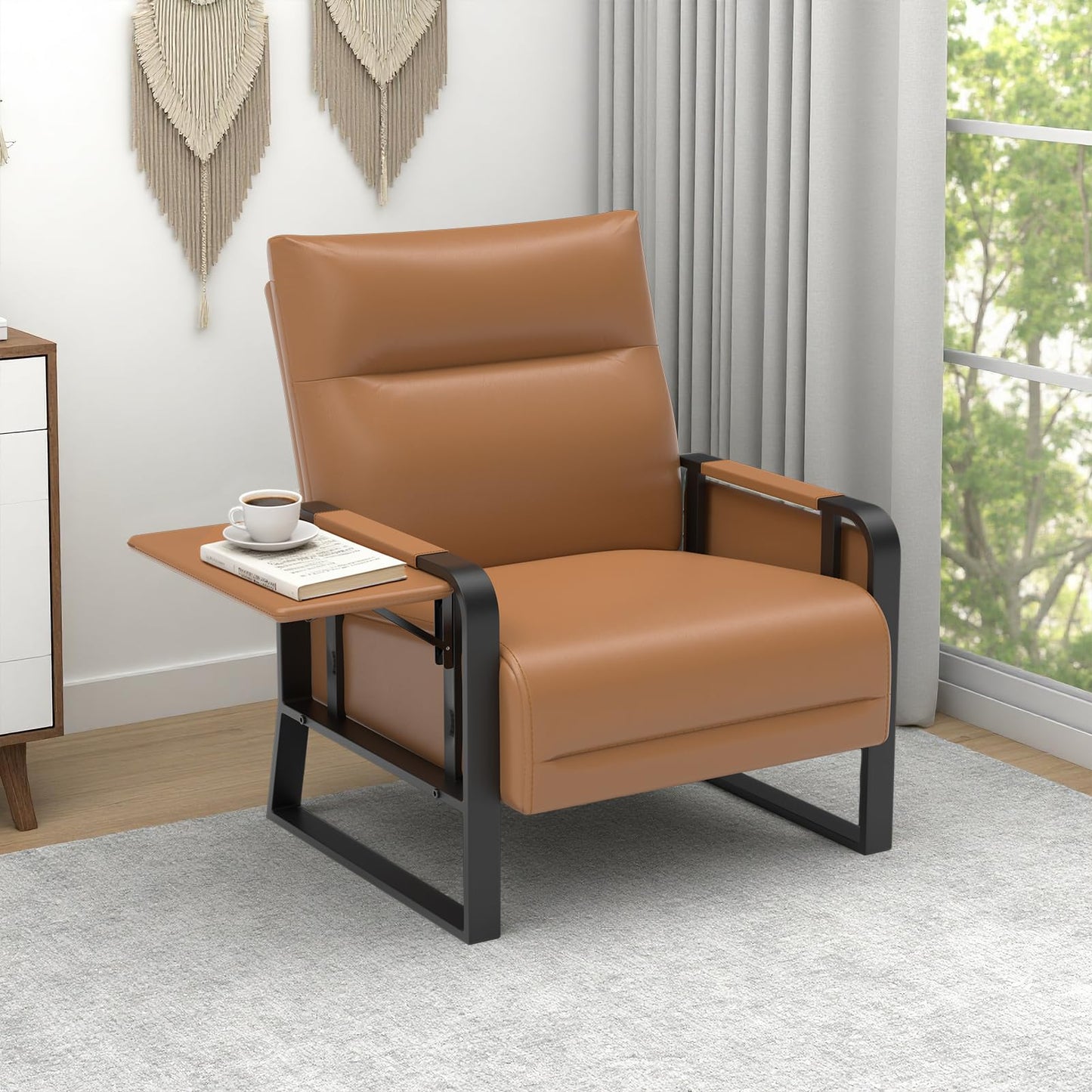 Tbillionnext Upholstered Accent Chair, Modern Faux Leather Sofa Chair with Foldable Side Tray Table & Storage Pocket, Small Accent Sofa for Living Room, Bedroom, Reception Room, Brown