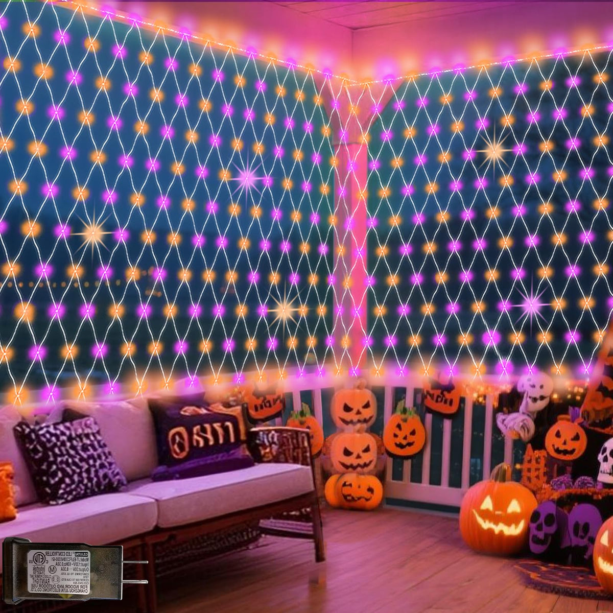 Halloween Net Lights Outdoor Decoration, 14.8x4.9 ft 300LED Orange Purple Halloween Lights 8 Modes Connectable Twinkle Fairy Mesh Light for Bushes Tree Party Yard Garden Decoration