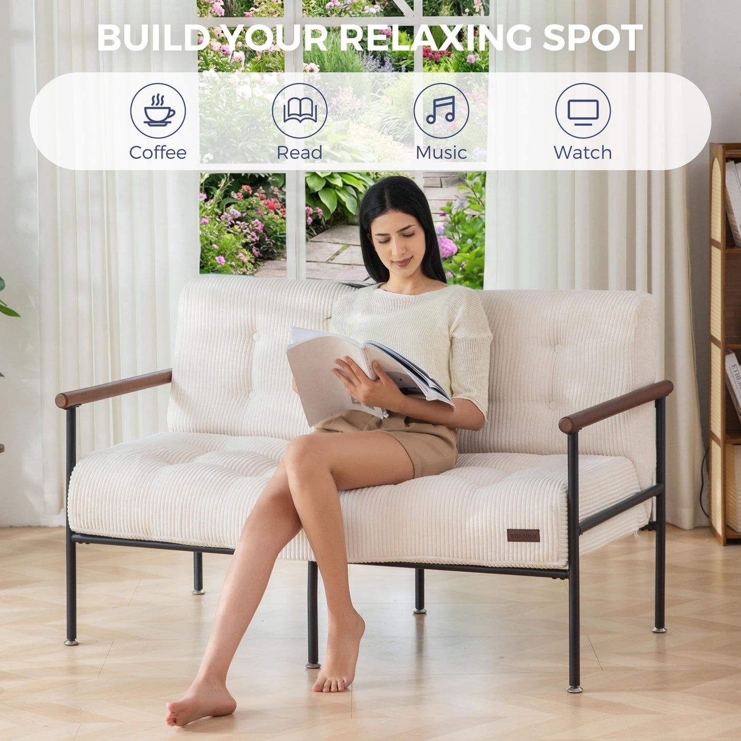 MAXYOYO Loveseat Sofa, Button Tufted Upholstered Small Couch for Living Room, Modern Love Seat Couches with Metal Frame & Wood Armrests for Bedroom Office, Easy to Install, Beige