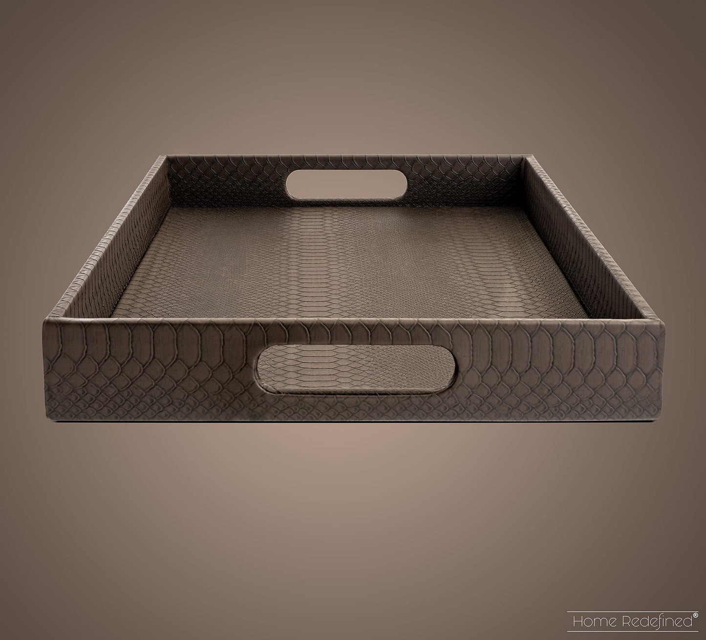 Modern 17.5"x12" Rectangle Brown Snake Faux Leather Decorative Tray Serving Tray with Handles Ottoman Coffee Table Dresser Living Room Kitchen Tray by Home Redefined for All Occasion's.