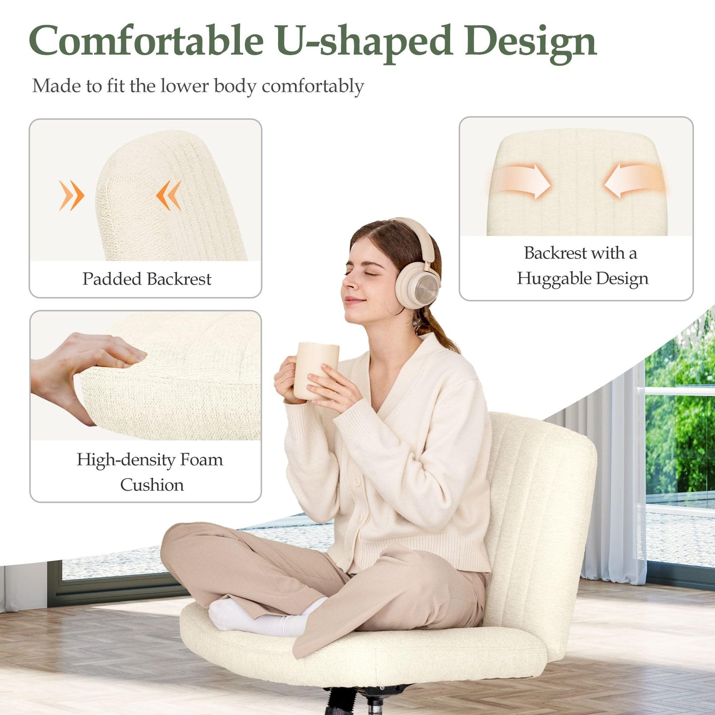 Orange Factory Criss Cross Chair Wheels Wide Cross Legged Office Desk Vanity Dual Base Comfy Fabric Armless Adjustable Swivel for Home Computer Task (Beige Dual Base, Fabric)
