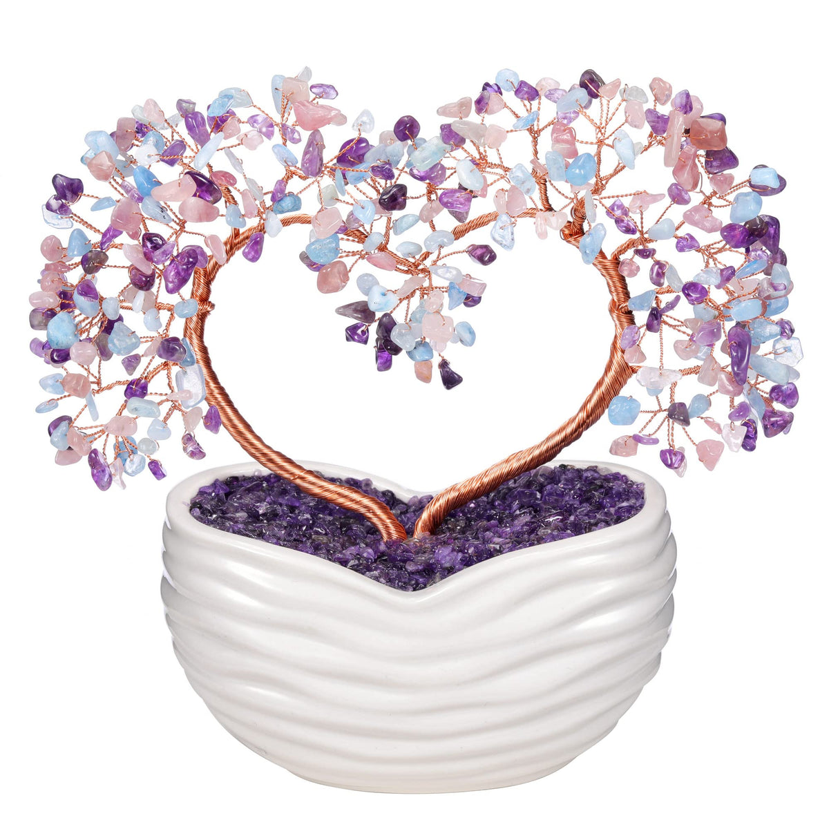 GEHECRST Healing Crystal Heart Tree Handmade Amethyst Rose Quartz Aquamarine Crystal Gemstone Money Tree Feng Shui Ornament for Home Office Desk Decor Gifts for Mom Women Christmas