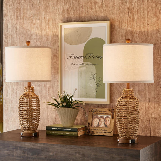 YIMNOVP Rattan Table Lamps Set of 2 Wicker Lamps 3 Way Dimmable Touch Control Farmhouse Rustic Coastal Lamps with USB Port for Bedroom Living Room Office (LED Bulbs Included)
