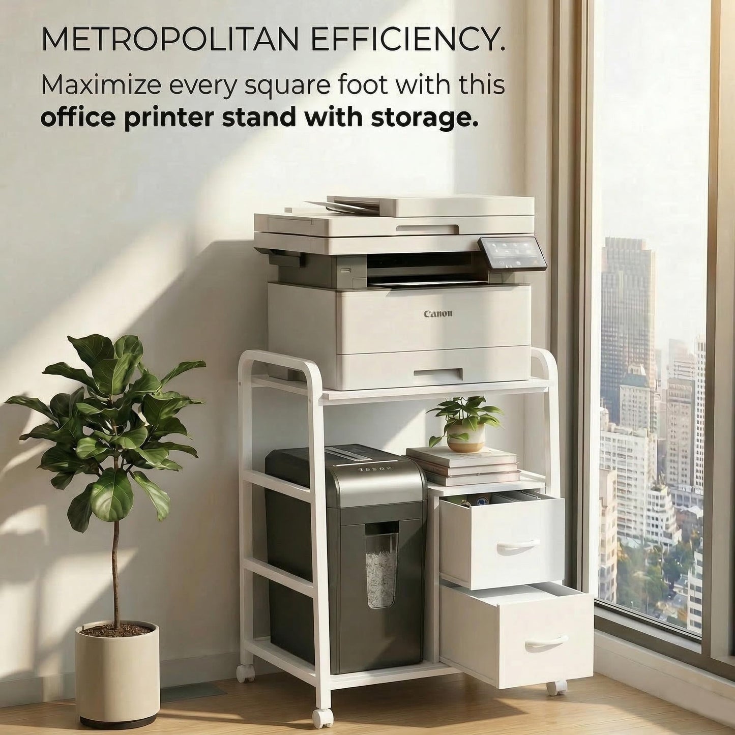 ZEXVIDA Printer Stand Featuring Fabric Drawers, Under Desk Host Computer Cabinet and Shredder Shelf, Heavy Duty Printer Stand with Storage Workstation Organization Printer Table for Home Office