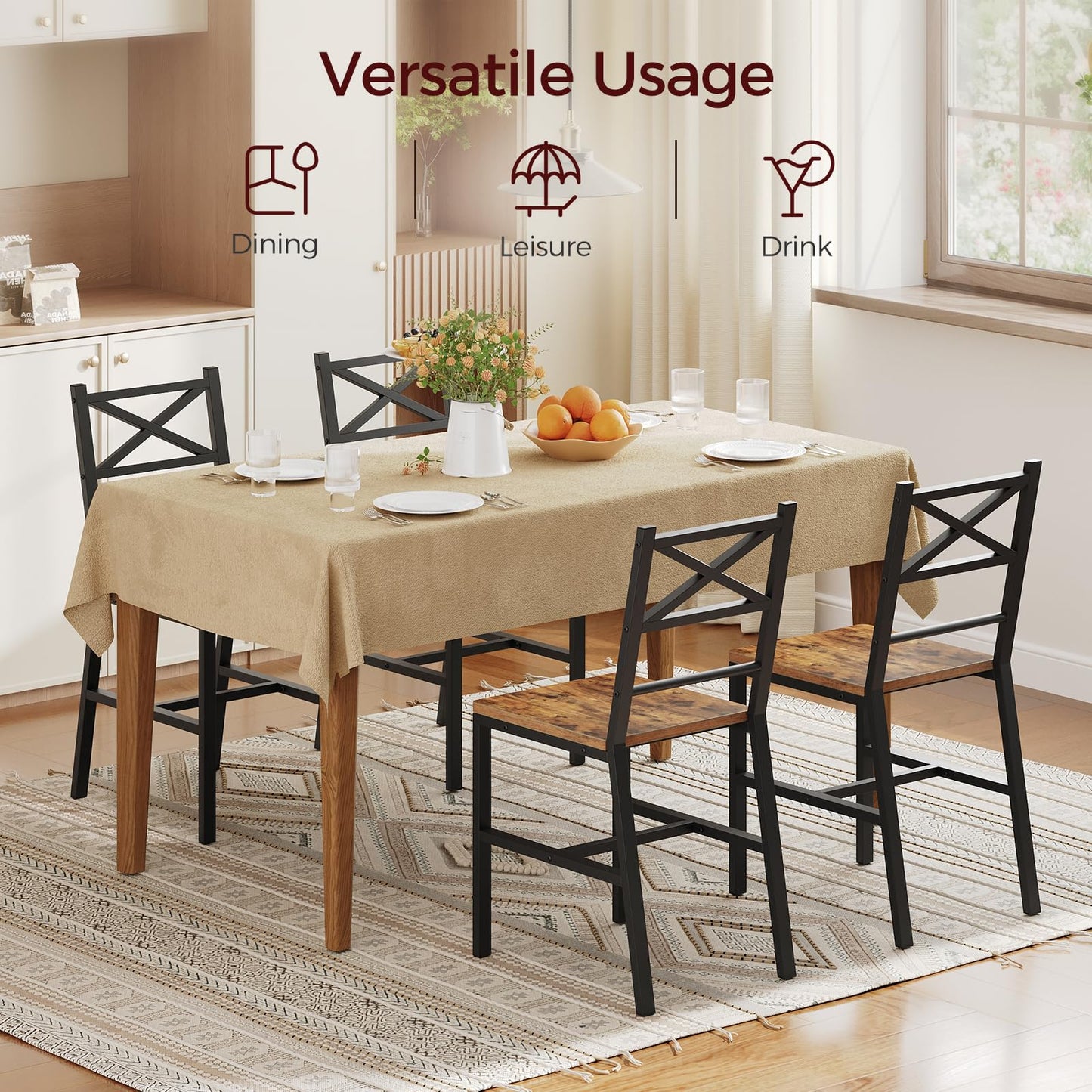 MAHANCRIS Dining Chair Set of 4, Rustic Wooden Kitchen Chairs with Backrest, Farmhouse Dining Chairs for Kitchen, Industrial Style Chair with Metal Frame, Easy Assembly, Rustic Brown TBHR1001S4