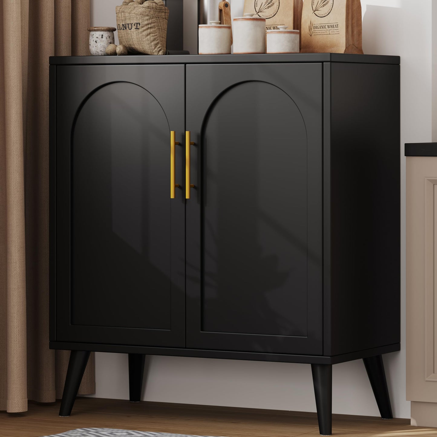 Keehusux 15.7" D Black Buffet Cabinet with Storage, Accent Buffet Sideboard with Adjustable Shelf and Solid Wood Legs, Modern Floor Storage Cabinet for Kitchen, Living Room, Black