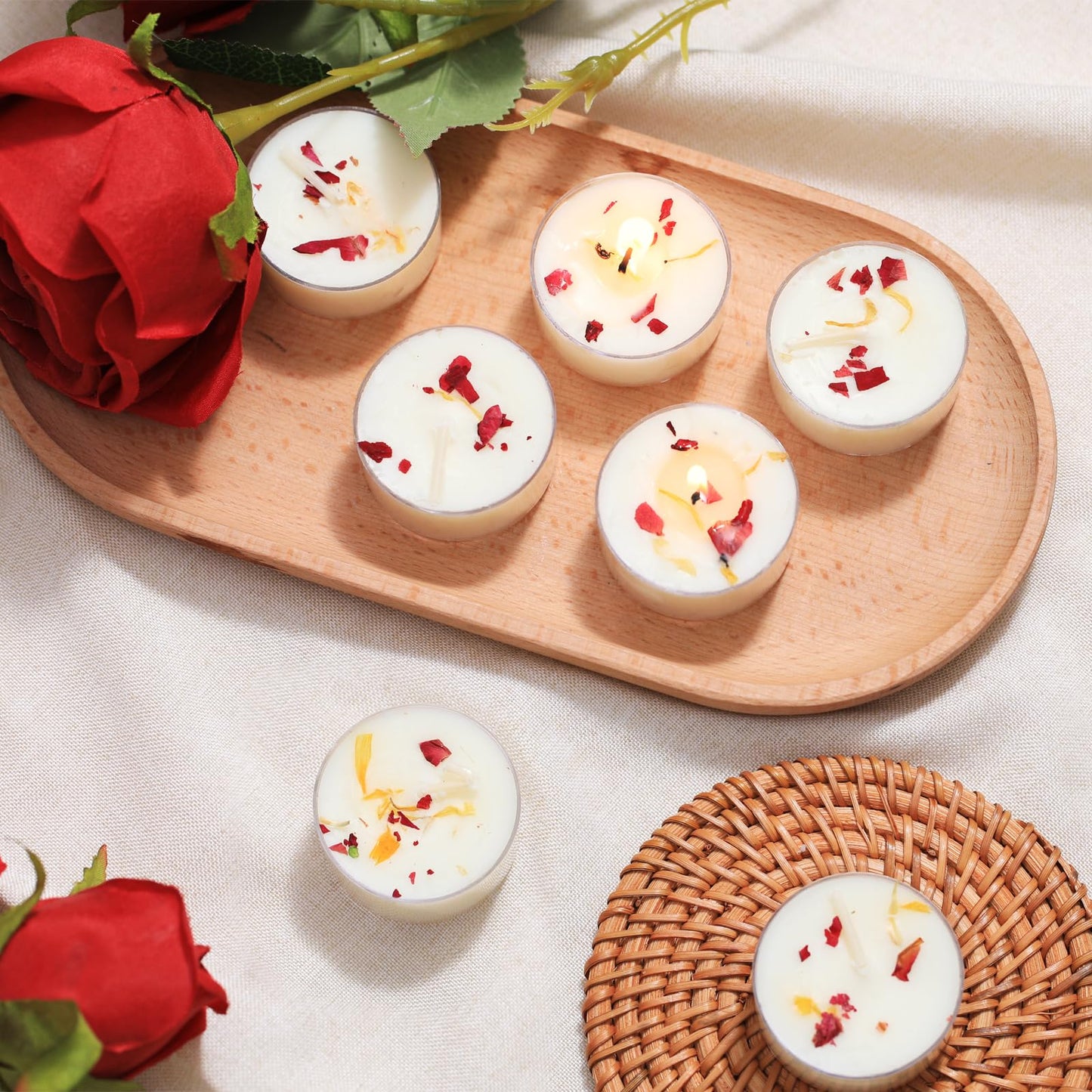 48Pcs Rose Scented Tealight Candles, Palm Wax White Tea Lights, 4h Long Burning Tea Light Candles with Dried Flowers for Holiday, Wedding, Spa, and Home Decoration