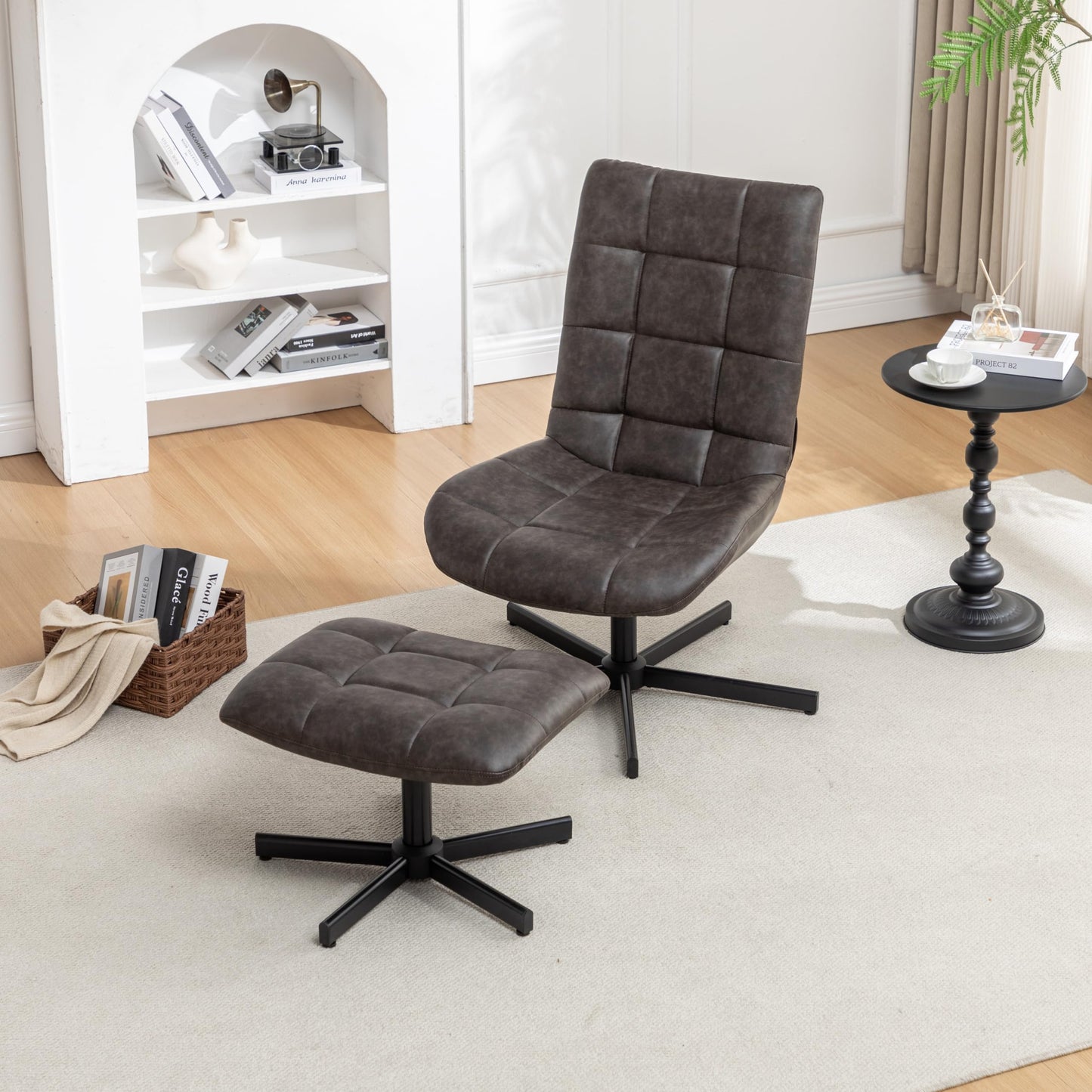Roundhill Furniture Arlena 2-Piece Seating Set, Faux Leather Tufted Accent Chair and Ottoman, Brown