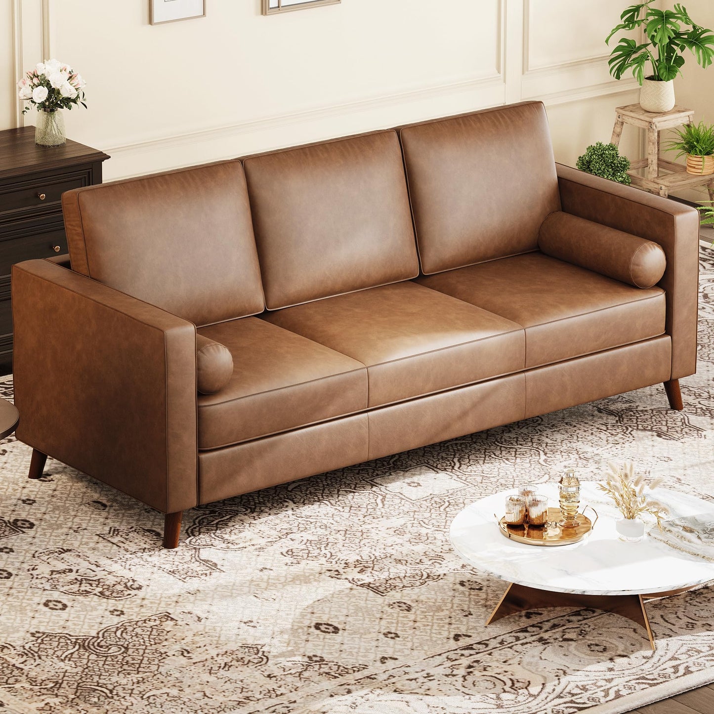 GAOMON 81" Leather Couch for Living Room, Mid Century Modern 3-Seater Sofa with Deep Seat, Faux Leather Sofa for Apartment, Home Office, Brown