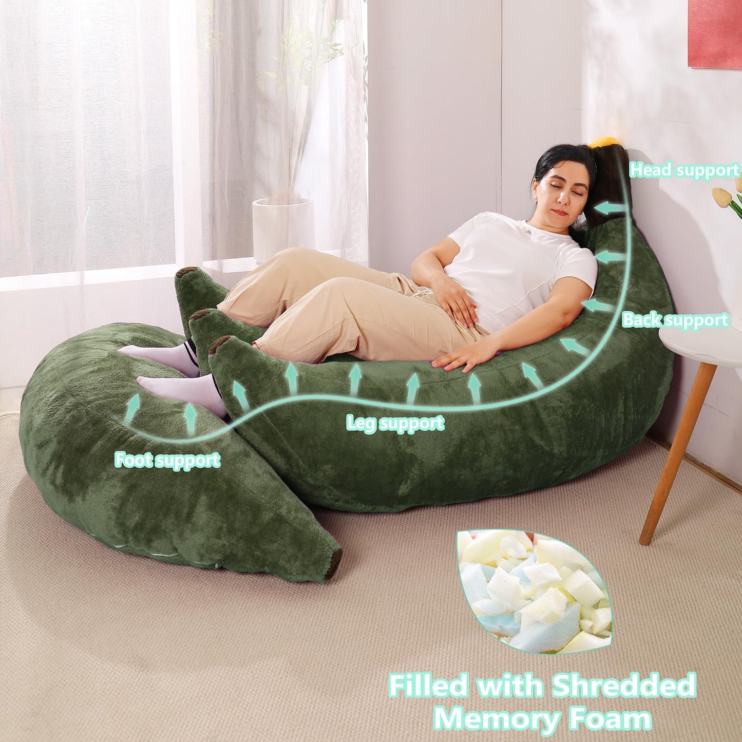 IEVENW Banana Bean Bag Chair with Ottoman, Floor Sofa Bed with Footrest, Comfy Convertible Lounger for Adults, Plush Couch for Bedroom, Living Room or Dorm, L-DarkGreen