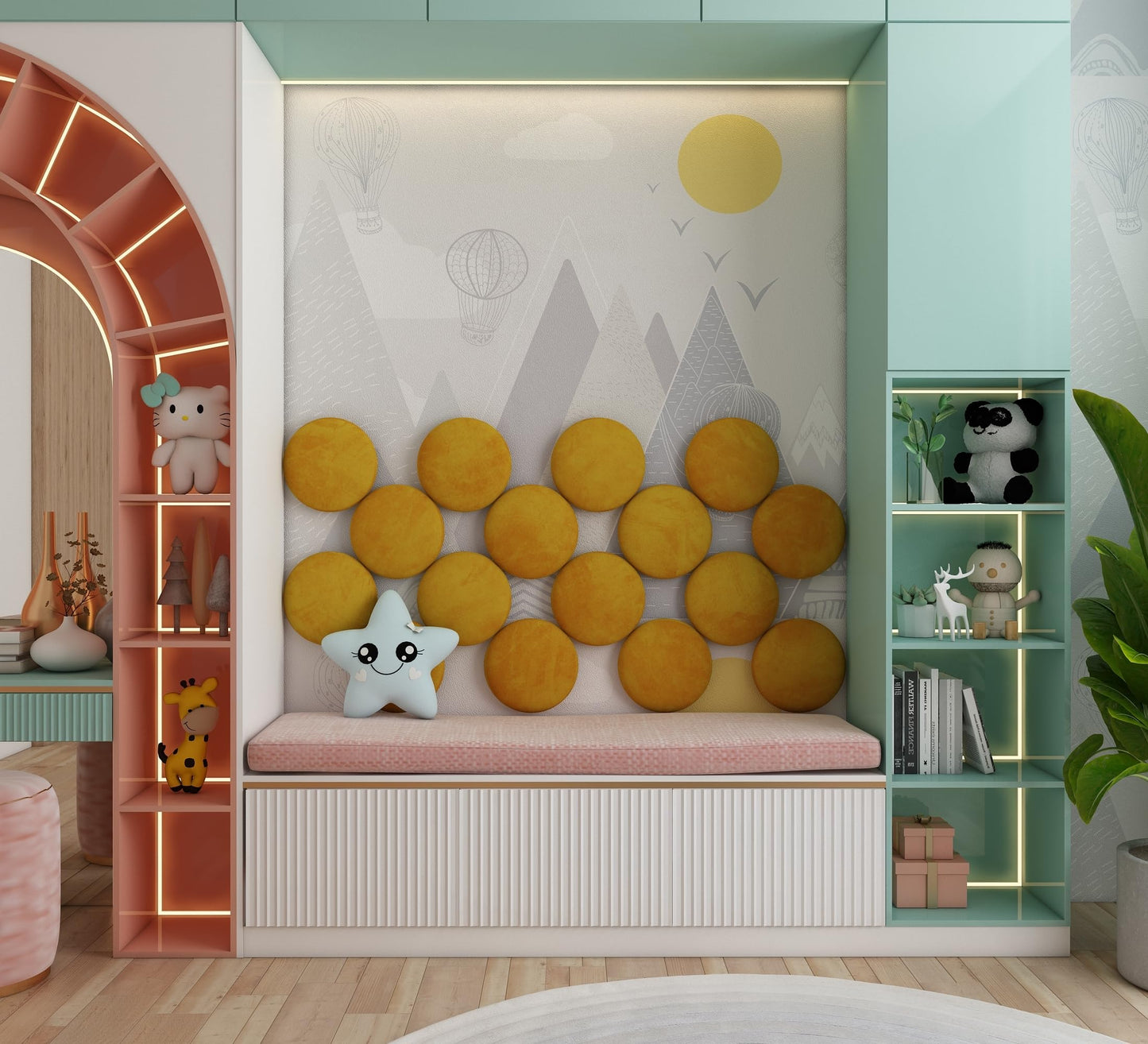ua acoustics 4-Pack Soft Velour Upholstered Acoustic Wall Panels | Decorative Headboard Panels for Children's Room & Playroom | Cozy Wall Padding & Safety Railing | (Yellow, 4X Round (25x25cm))