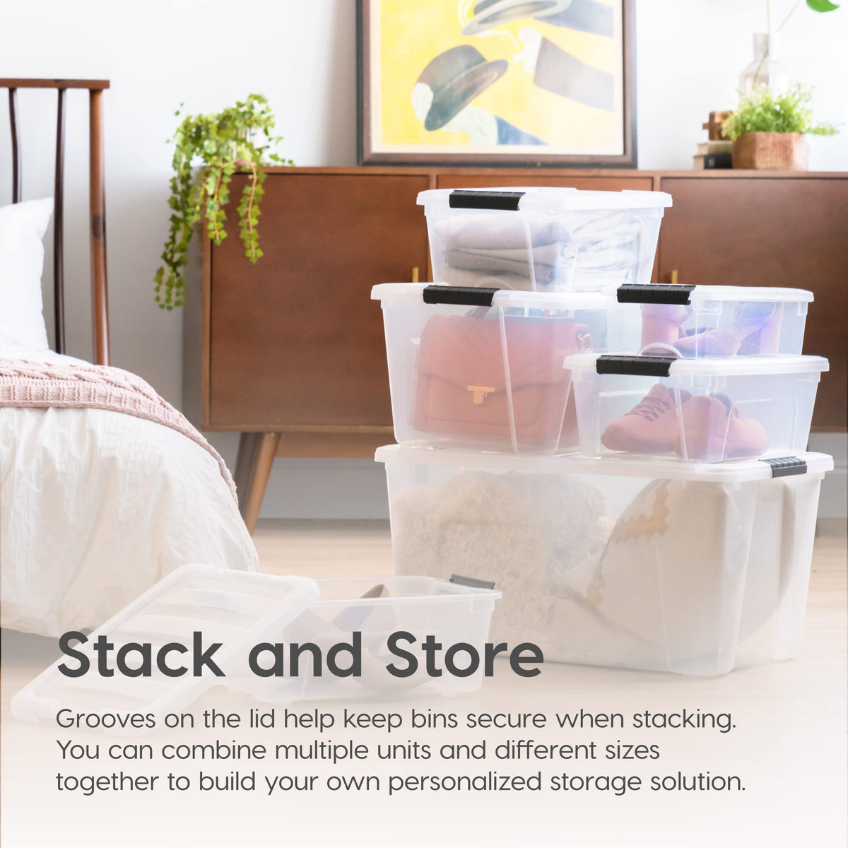IRIS USA 54 Qt Stackable Plastic Storage Bins with Lids, 6 Pack - BPA-Free, Made in USA - See-Through Organizing Solution, Latches, Durable Nestable Containers, Secure Pull Handle - Clear