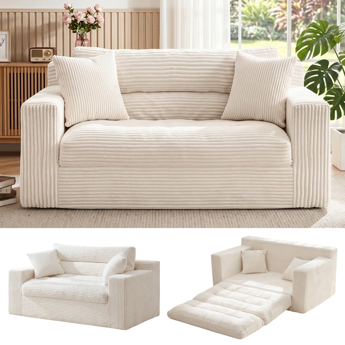 Erament Boneless Loveseat Sofa Couch, 2 in 1 Convertible Sofa Bed with Pillows, Fold Out Bean Bag Chair Boneless Floor Couch for Living Room Bedroom Office Lounge Apartment, No Assembly Needed, Beige