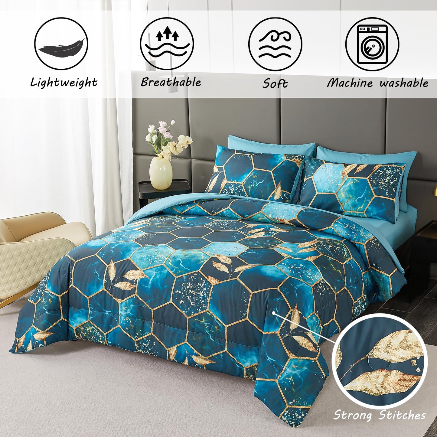 ZRNBAST Honeycomb Comforter Set - 7 Piece Hexagon Bedding Set - Full Size - Teal Gold - All Season - Down Alternative - for Teens & Adults