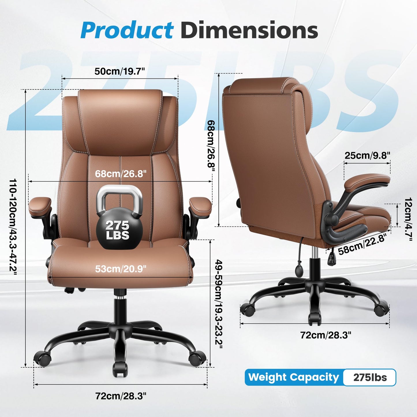 Stella Mia Ergonomic Office Chair – High Back Leather Desk Chair with Adjustable Lumbar Support & Flip-Up Arms, Premium Padded Seat for Home Office Desk, Brown