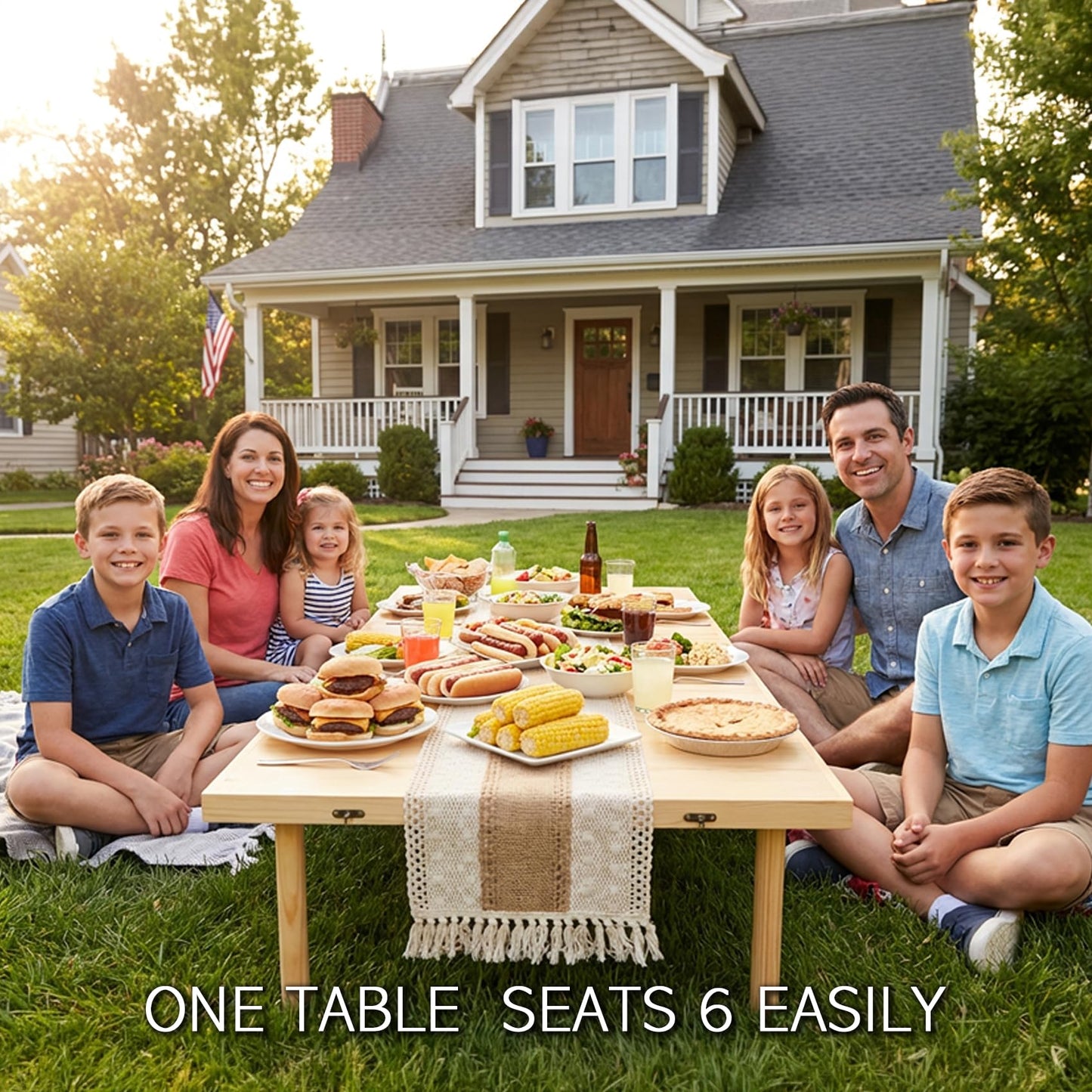 Amdermi Folding Picnic Table with Table Runner, 60 x 30 Inch Portable Boho Low Picnic Table for Indoor Outdoor Camping, Beach, Garden, Party, 6-8 Person