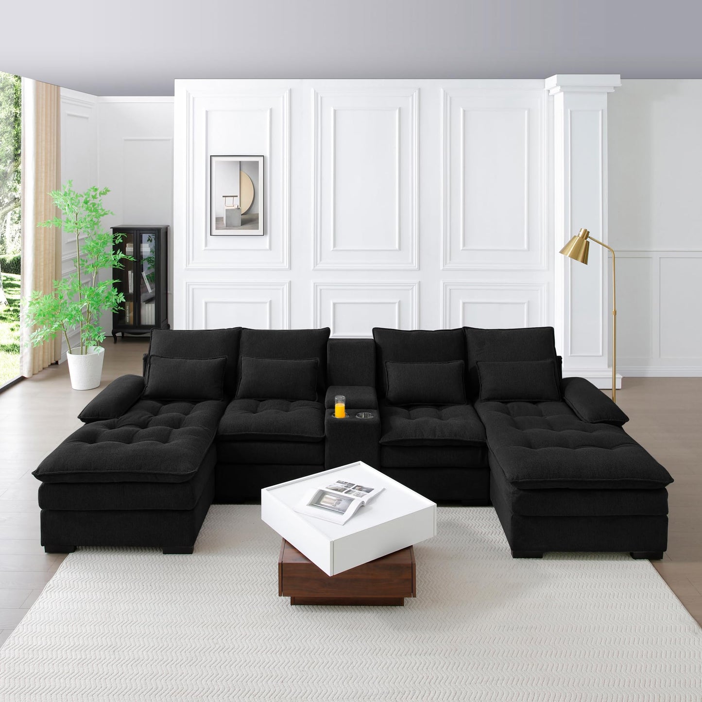 KEIKI U-Shaped 6 seat Sofa with Storage Console, Cup Holders, 130" Upholstered Sectional Sofa, Button Tufted Cloud Cushion Couch for Home, Office, Black