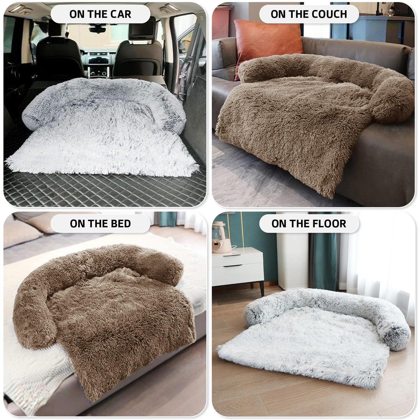 Calming Dog Bed Fluffy Plush Dog Mat for Furniture Protector with Removable Washable Cover for Large Medium Small Dogs and Cats (Large(45x37x6), Camel)