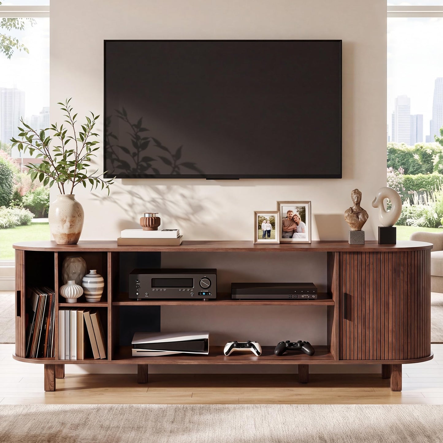 YITAHOME Mid Century Modern TV Stand, 70 inch Entertainment Center with Storage and Fluted Sliding Doors, Adjustable Shelves Media Console for 75 Inch TV, TV Stands for Living Room, Walnut
