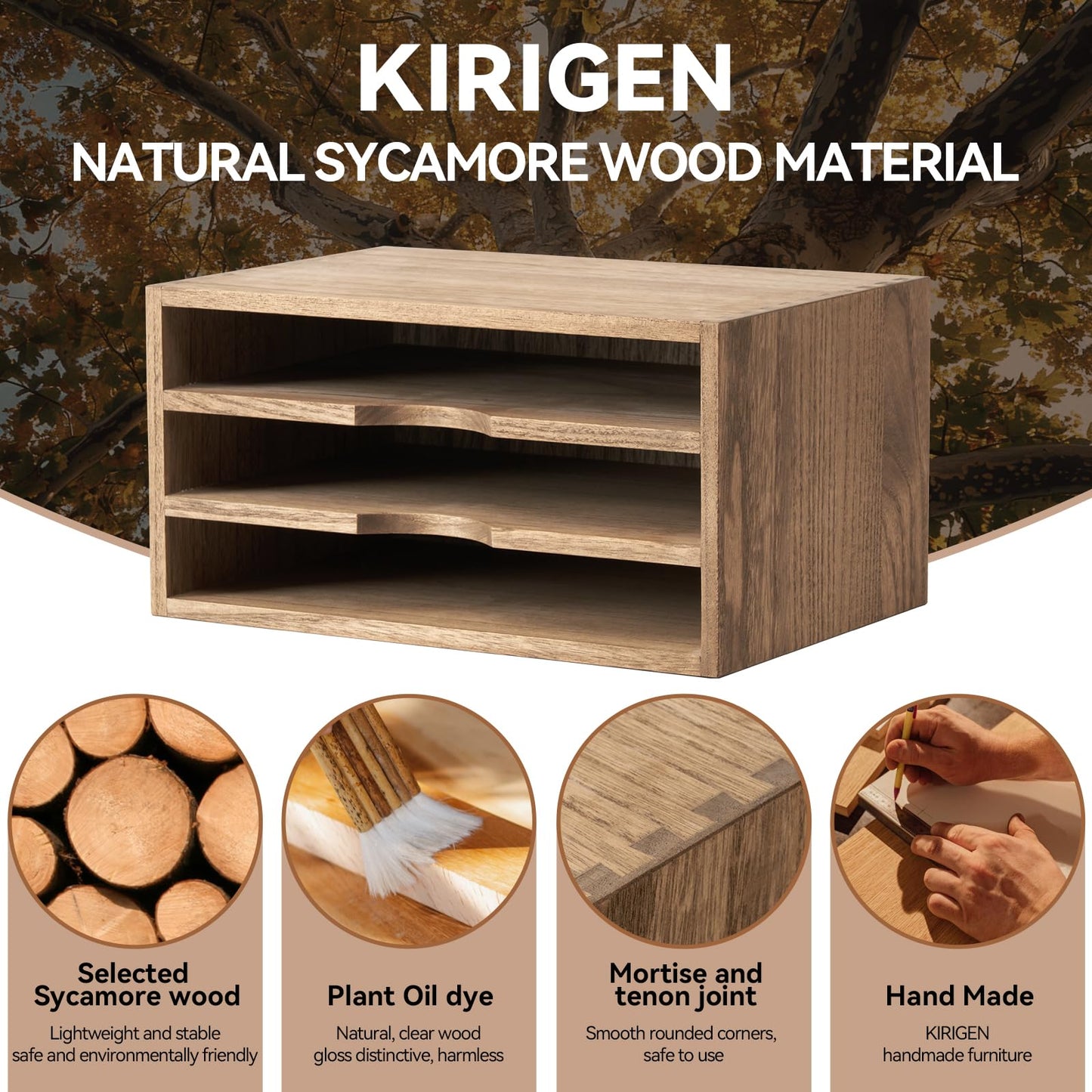 KIRIGEN Wooden Desktop Organizer, 3 Tier Solid Wood Letter Tray and Paper File Sorter for Desk, Freestanding Office Document Holder for Mail, Magazines, Folders, 13.78 x 9.45 x 7.08 in Brown 3KWJG-DBR