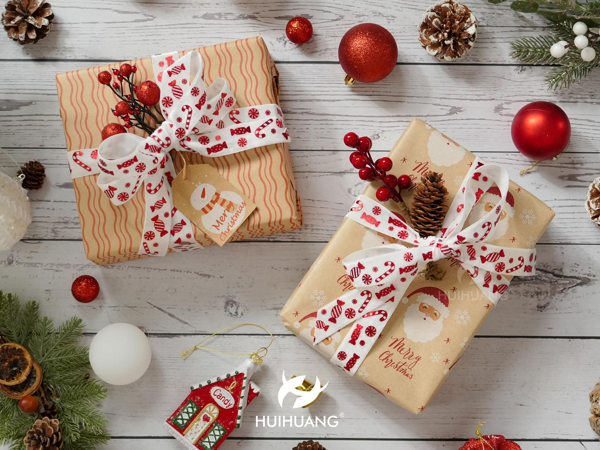 HUIHUANG Candy Cane Christmas Velvet Ribbon 1 inch White Velvet Ribbon with Red Candy Cane Print Ribbons for Gift Wrapping, Tree Ornaments, Wreaths, Garlands, Home Decor- Continuous 10 Yards