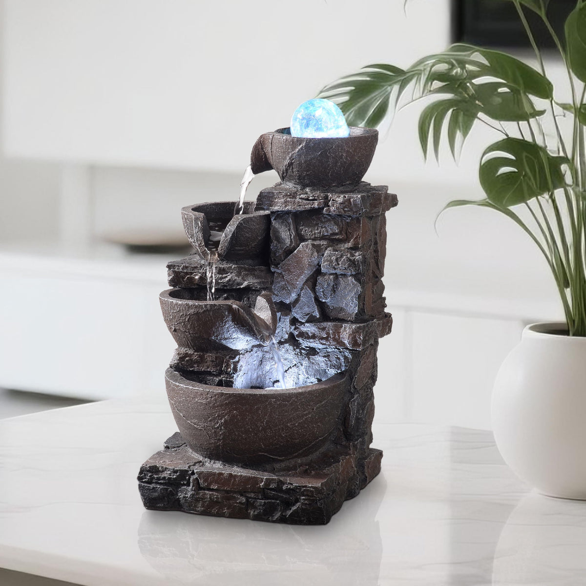MSEONWXI Indoor Tabletop Fountain with 4-Tier Stone Bowls, Rolling Crystal Ball & LED Lights – Tranquil Waterfall Decor for Home, Office or Zen Space (23066)
