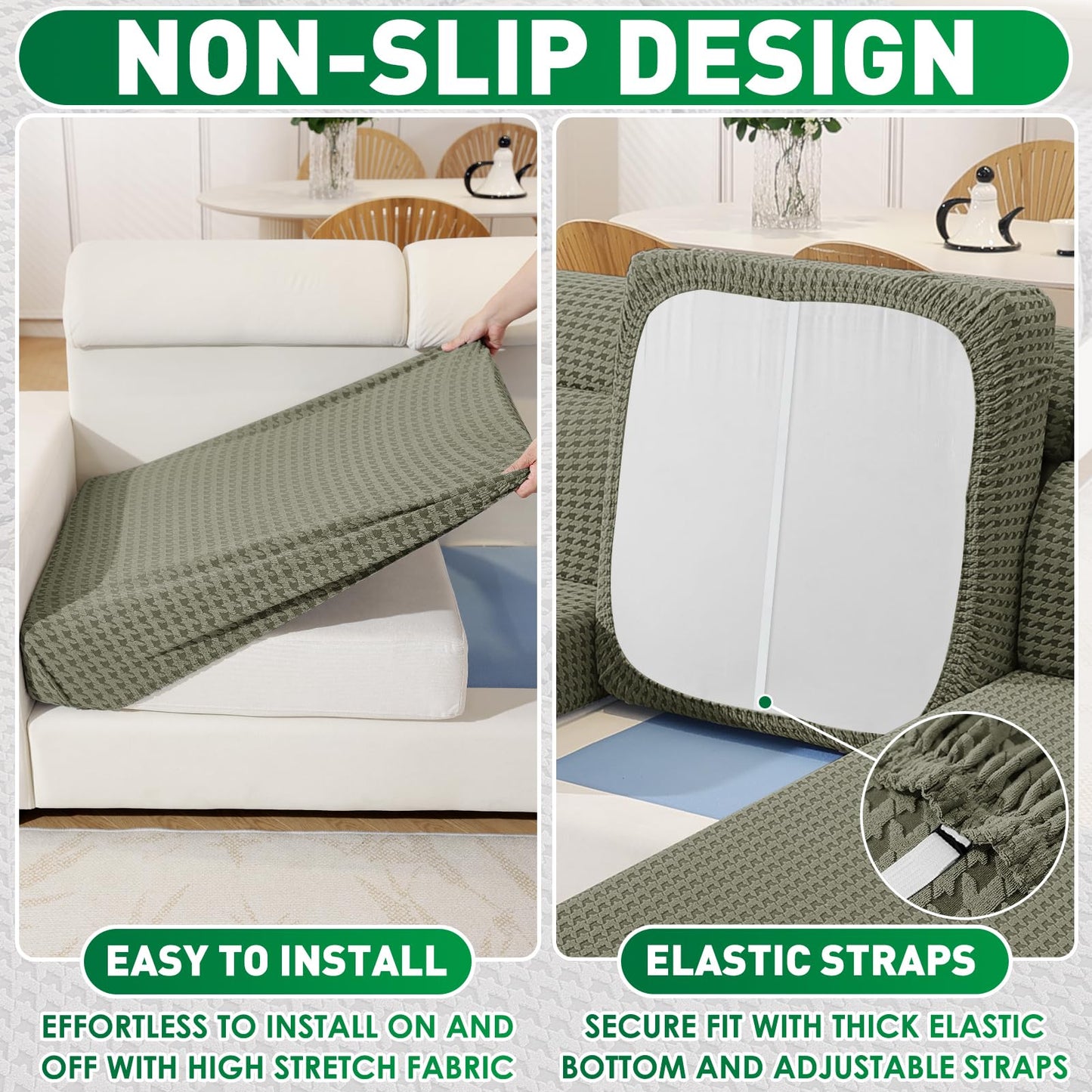 MAXIJIN Couch Cushion Covers for Sectional Sofa, Stretch Sofa Cushion Cover Washable Furniture Protector with Elastic Bottom & Non-Slip Strap for Pets Kids (2PC Armrest Cover, Army Green)