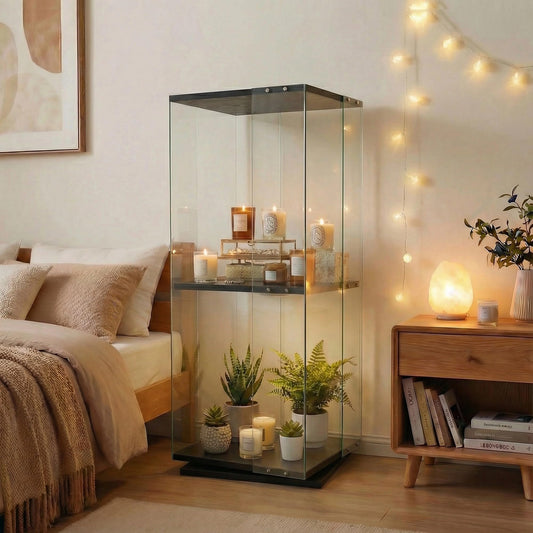 ZIHUASHENG Glass Display Cabinet with Rotating Base, Curio Cabinet with LED Light, 2-Shelf Tempered Glass Display Case for Collectibles, Curio Display Cabinet for Living Room,Home Decor, Black